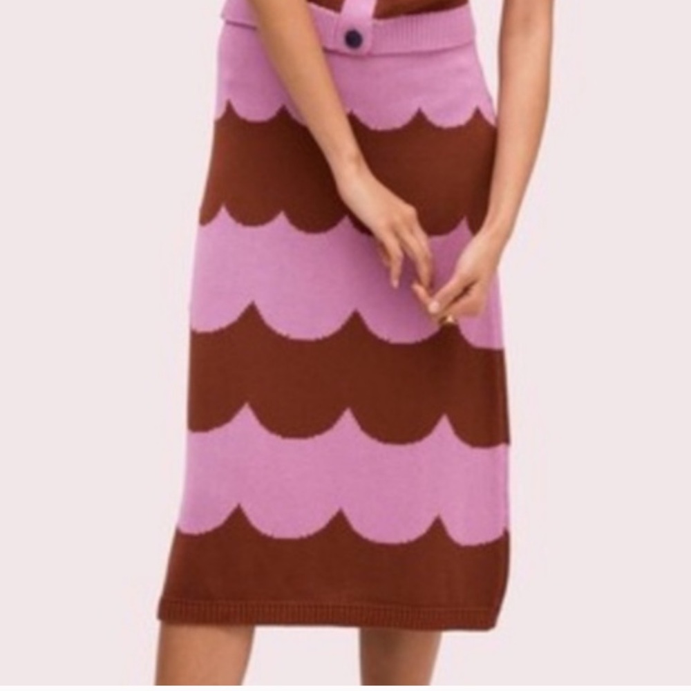 Kate Spade Knit Scallop Stripe Pattern Purple Pink & Rusty Brown MIDI Skirt XS